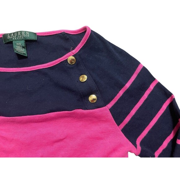 Lauren Ralph Lauren Fuchsia Pink And Navy Striped Blouse Sz PXS Gold Buttons - Picture 3 of 4